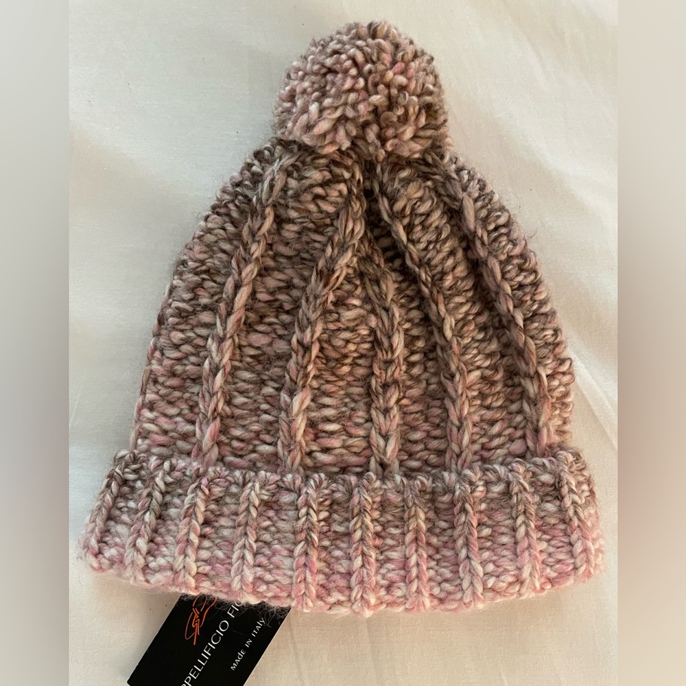 Italy Cappellificio Florentino Wool Blend Knit Beanie Hat Pale Pink/Brown NWT!